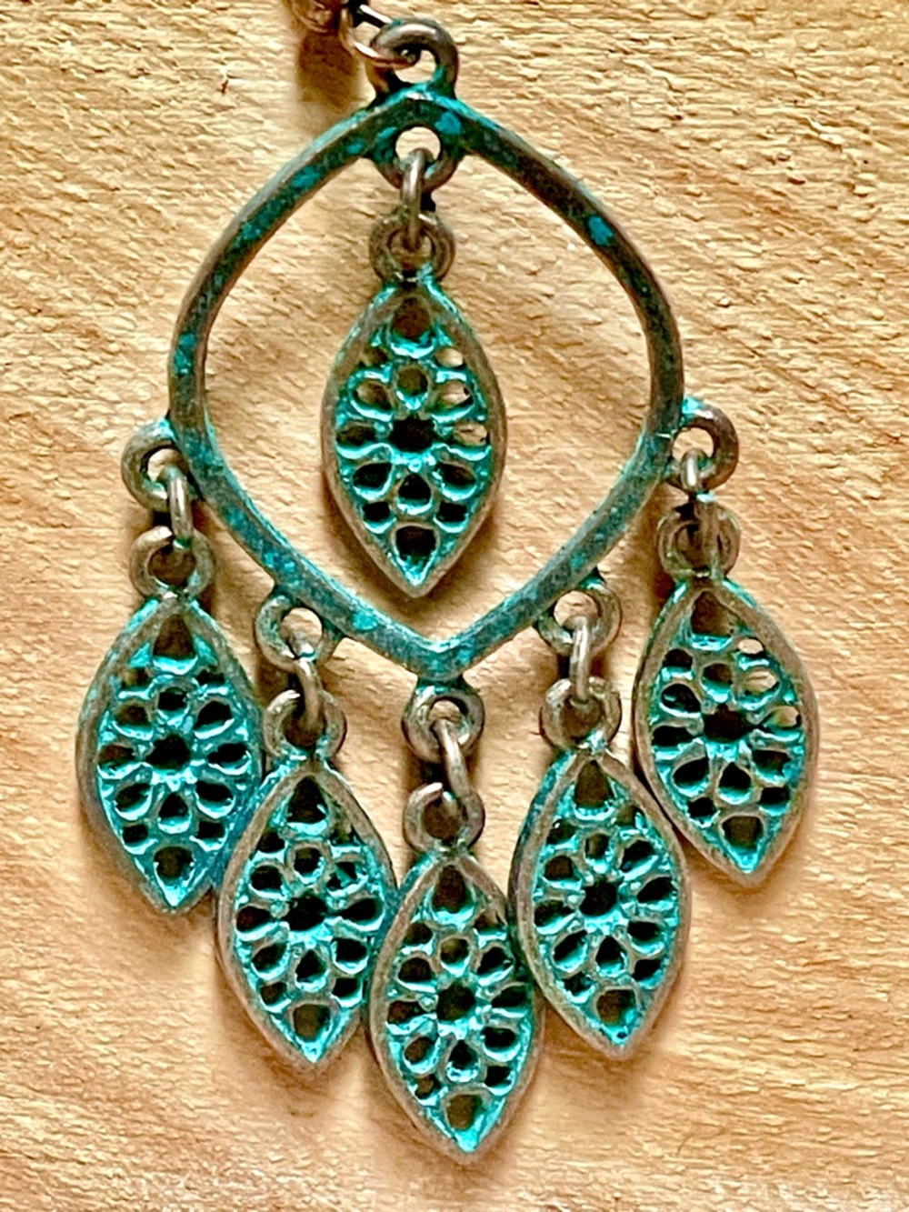Turquoise Patina Leaf Chandelier Earrings - Women Jewelry - Picture 3 of 3